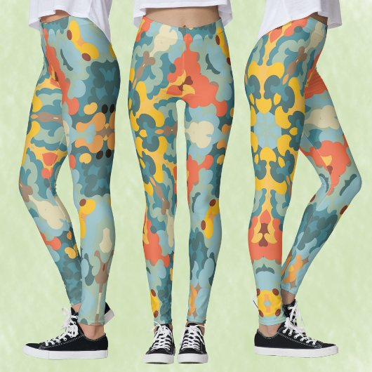 Leggings Rétro Mandala bleu orange et jaune