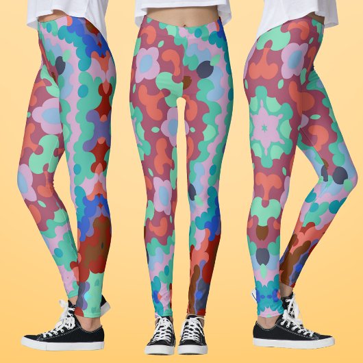 Leggings Retro Mandala Flower Blue Rouge et Turquoise