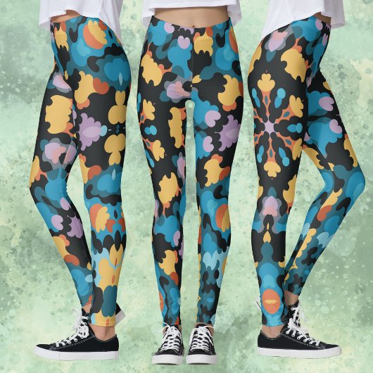 Leggings Rétro Mandala jaune bleu et orange