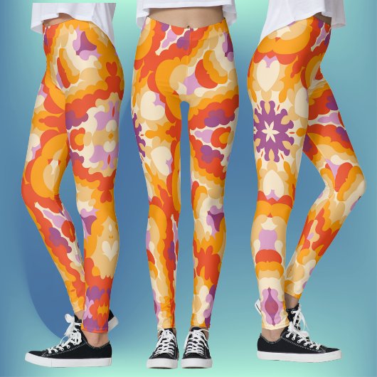 Leggings Rétro Mandala rouge orange violet et jaune