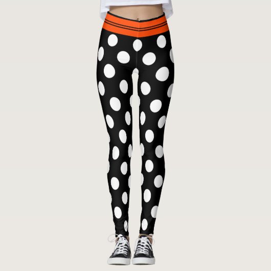 Leggings Rétro pois noir et blanc avec la rayure orange (Devant)
