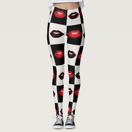 Leggings Retro Vibes Checkerboard Hot Red Lips Motif (Devant)