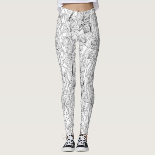Leggings Robins et fleurs de lys, noir et blanc (Devant)