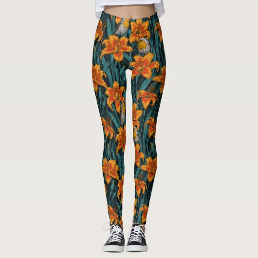 Leggings Robins et fleurs de lys, orange et bleu (Devant)