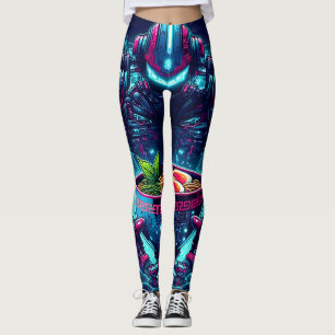 Leggings Robot Cyberpunk Futuriste Nourriture Ramen Néon