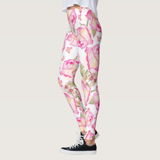 Leggings Romantic white pink yellow summer rose floral (Gauche)