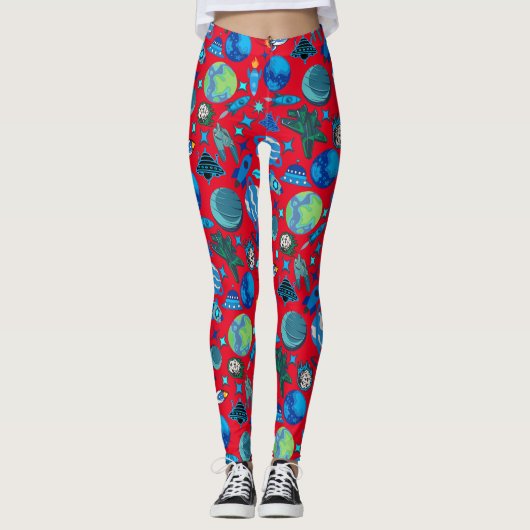 Leggings Roquettes rétro dans l'espace. BG rouge (Devant)