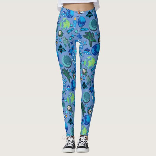 Leggings Roquettes rétro dans l'espace. L Blue BG (Devant)
