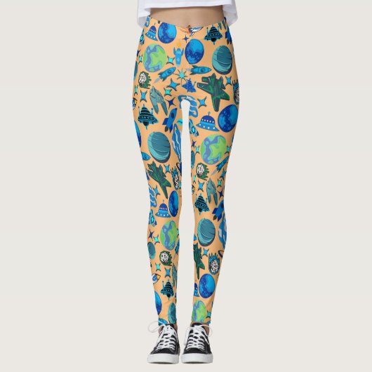 Leggings Roquettes rétro dans l'espace. L Orange BG (Devant)