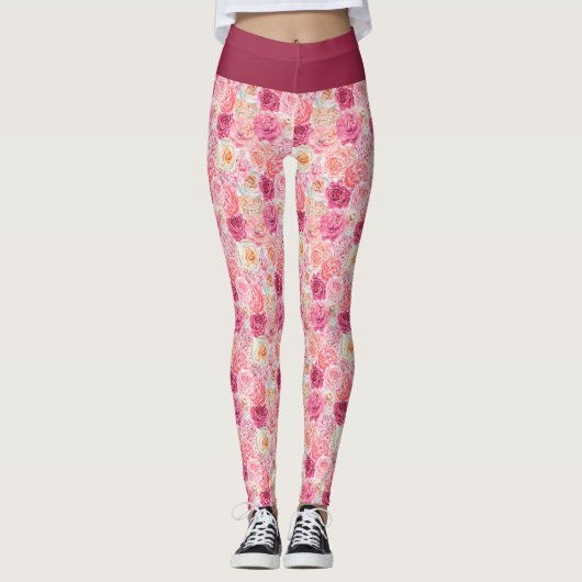 Leggings Rose Blanc Blush rose Magenta Fleurs florales Fill (Devant)