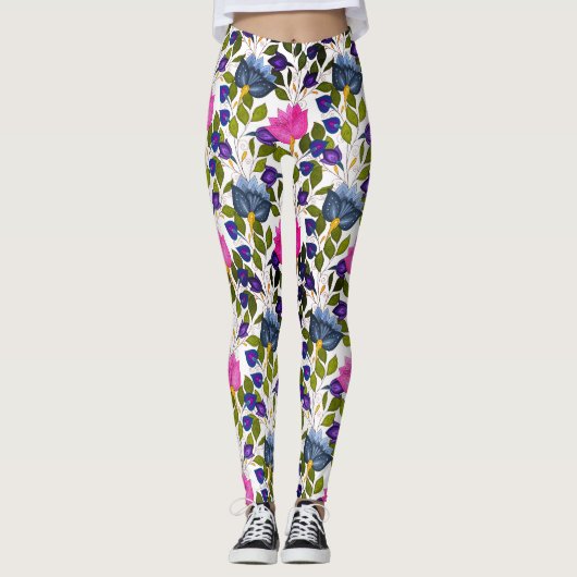 Leggings Rose Bleu Violet Fleurs Vert Et Blanche Fleur (Devant)
