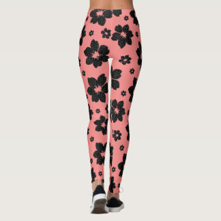 Leggings Rose corail et fleur noire paillettes diamantées