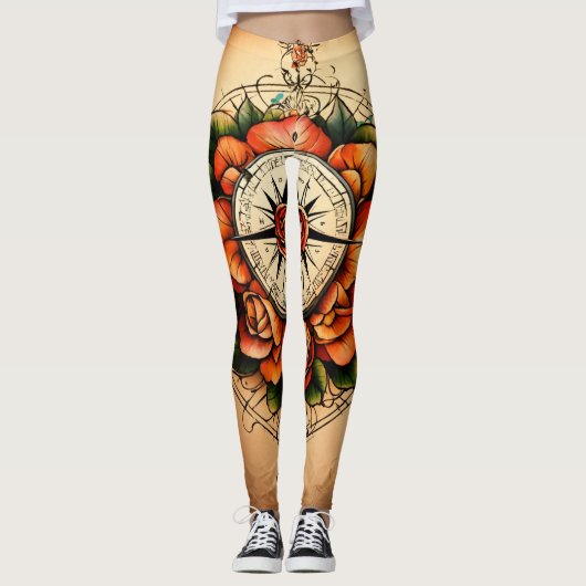 Leggings Rose de style tatouage boussole belle évocation es (Devant)