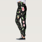 Leggings Rose et feuille sur arrière - plan noir romantique (Gauche)