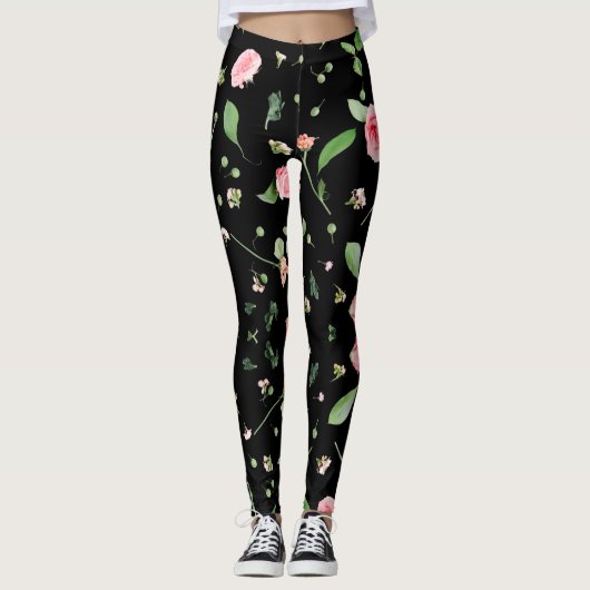 Leggings Rose et feuille sur arrière - plan noir romantique (Devant)