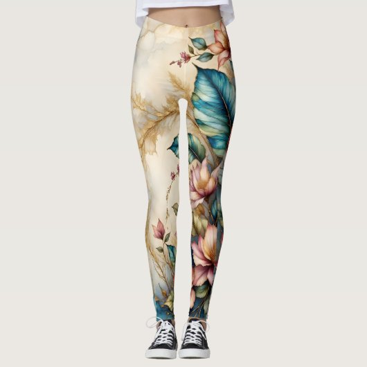 Leggings Rose et sarcelle Beauté florale sur beige (Devant)