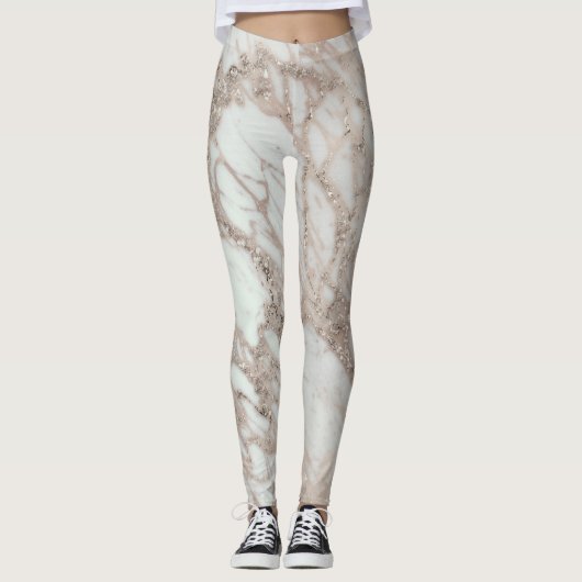 Leggings Rose Glam Marbre Rose Pâle Or Argent Style Designe (Devant)
