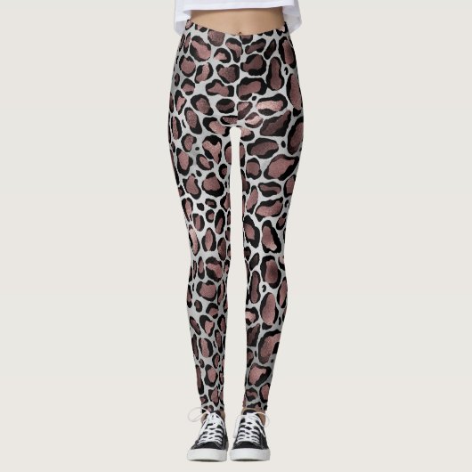 Leggings Rose métallique Gold & Black Leopard Spots sur bla (Devant)