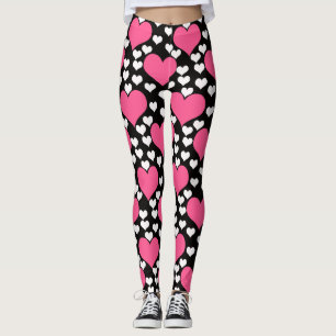 Leggings Rose Noir Blanc Coeurs d'amour Motif Design