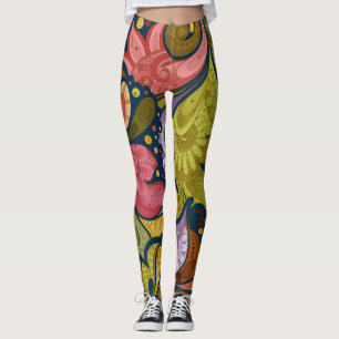 Leggings Rose Orange Jaune Vert Violet Fleurs Et Tourbillon