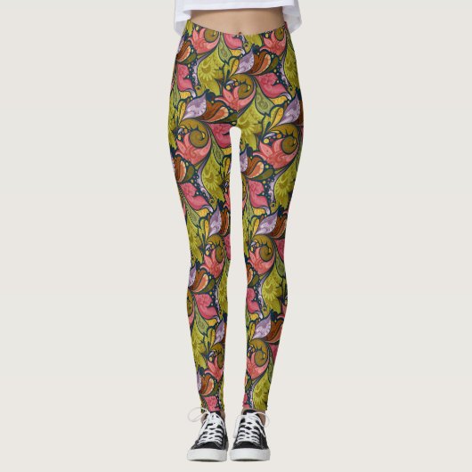 Leggings Rose Orange Jaune Vert Violet Fleurs Et Tourbillon (Devant)