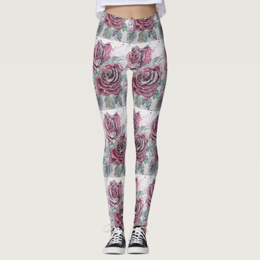 Leggings Rose rouge Aquarelle Fleur Rouge Jambes Florales (Devant)
