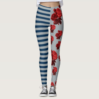 Leggings Rose rouge fait sur commande de rayure bleue de