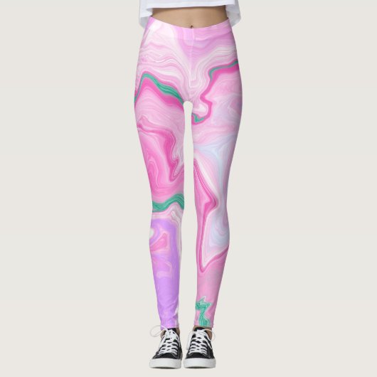 Leggings Rose, Violet, Art Marbre Vert Menthe (Devant)