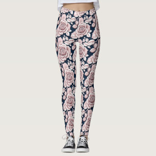 Leggings Roses Bleus Foncés Luxueux Avec Détails Blancs