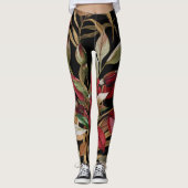 Leggings Roses Botaniques vintages Et Feuilles Palm Noir (Devant)