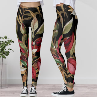 Leggings Roses Botaniques vintages Et Feuilles Palm Noir