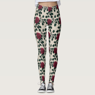 Leggings Roses Carmine Brillantes Avec Feuilles Vert Foncé