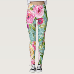 Leggings Roses d'aquarelle en rose et crème sur Parties sci