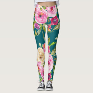 Leggings Roses d'aquarelle en rose et crème sur Turquoise