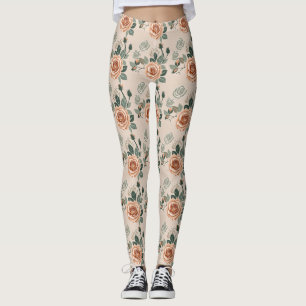Leggings Roses de style boho en orange pastel et vert sauge