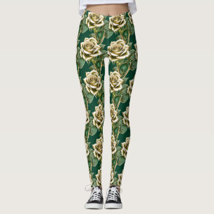 Leggings Roses Dorées Avec Des Feuilles Vert Emeraude