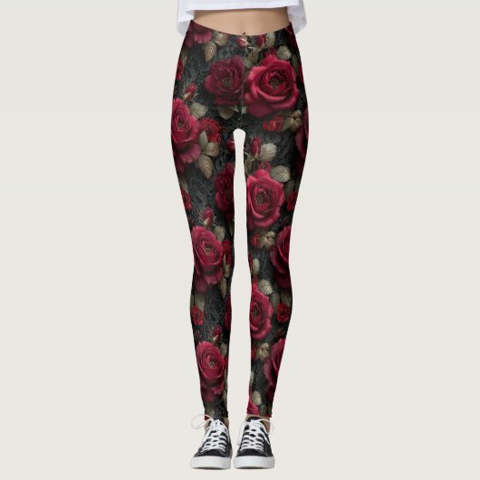 Leggings Roses et bourgeons rouges romantiques foncés sur d (Devant)