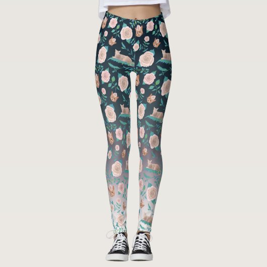 Leggings Roses et chats sur un contexte métallique (Devant)