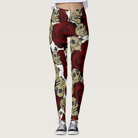 Leggings Roses et crânes rouges Flore noire Blanc gothique (Devant)