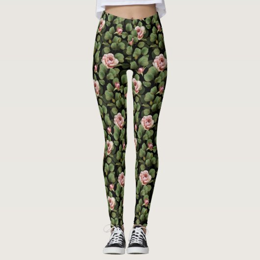 Leggings Roses fragiles. Motif floral sur noir (Devant)