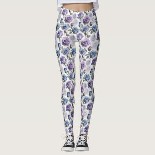 Leggings Roses lavande et bleues sur un fond gris nuageux