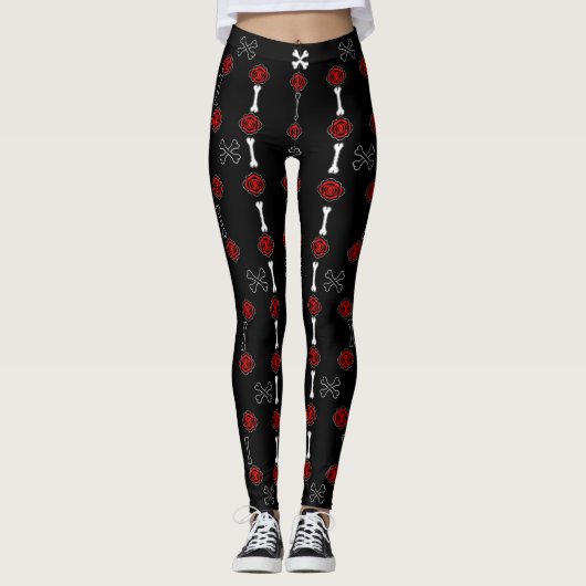 Leggings Roses morts (Noir avec Rouge) (Devant)