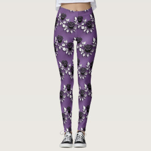 Leggings Roses Noires Élégantes Avec Des Feuilles D'Argent