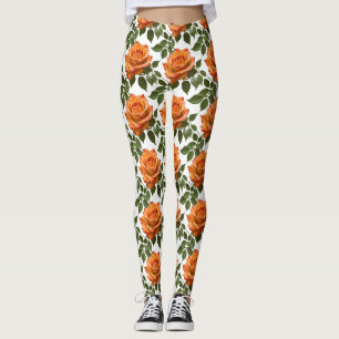 Leggings Roses oranges vives avec des feuilles vertes