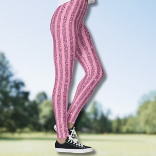 Leggings Roses Poudrés Pailletés Bandes Verticales Élégante