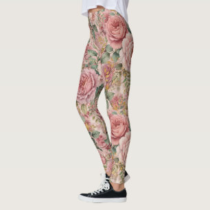 Leggings Roses Rose Poussiéreux Charme Élégant Vert Sauge O