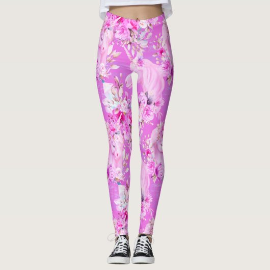 Leggings Roses roses et licornes roses (Devant)