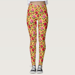 Leggings Roses roses et rouges joyeuses sur un jaune ensole