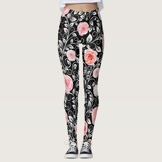 Leggings Roses roses sur noir (Devant)