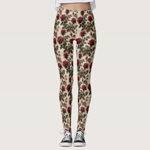 Leggings Roses Rouge Profond Avec Feuilles Vert Foncé